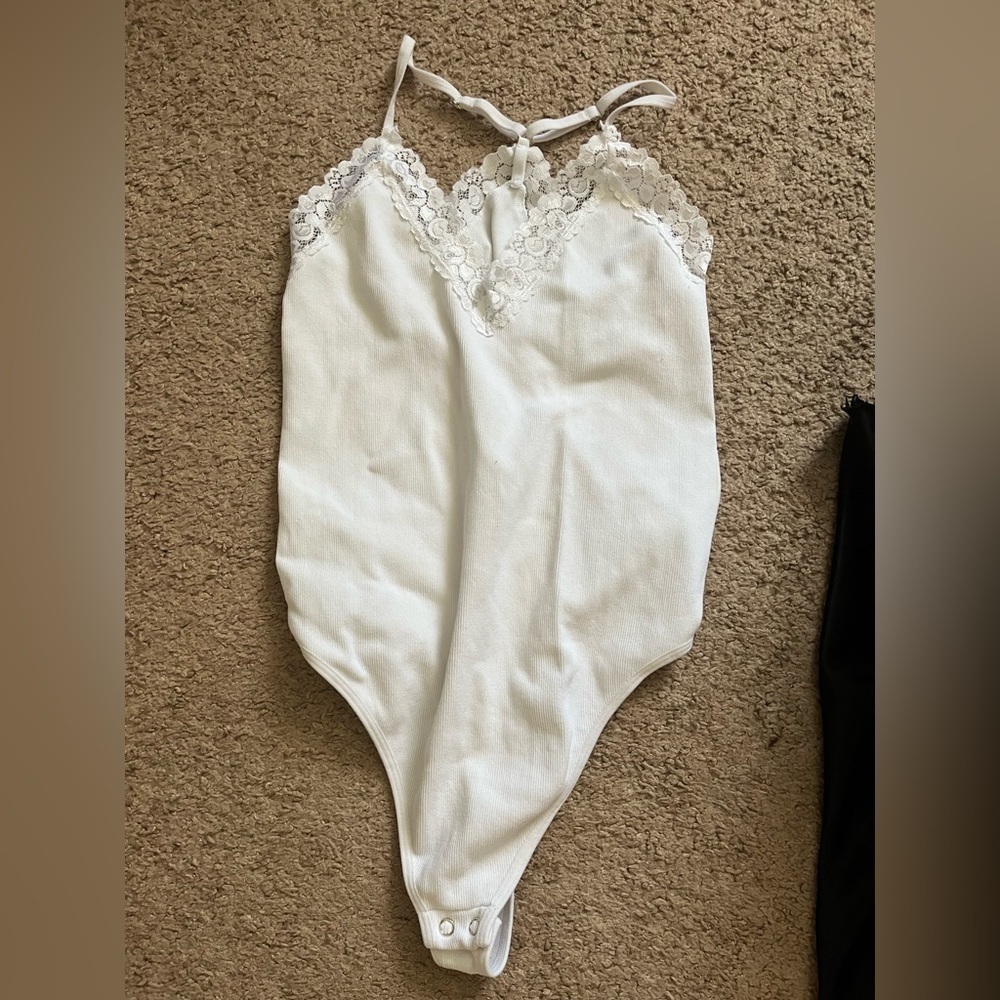 White Ribbed Lace Bodysuit